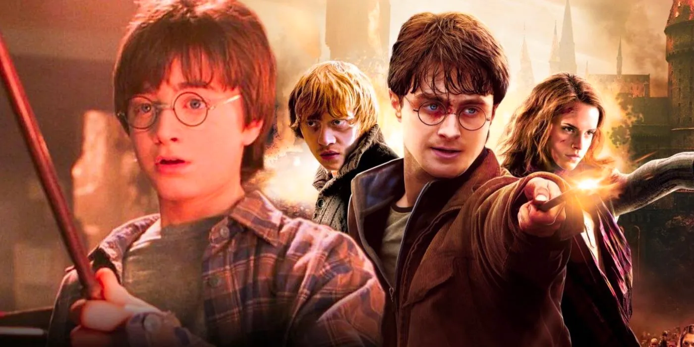 A collage of Hermione, Harry, and Ron with their wands pointed, and Harry holding his wand for the first time in Harry Potter Image