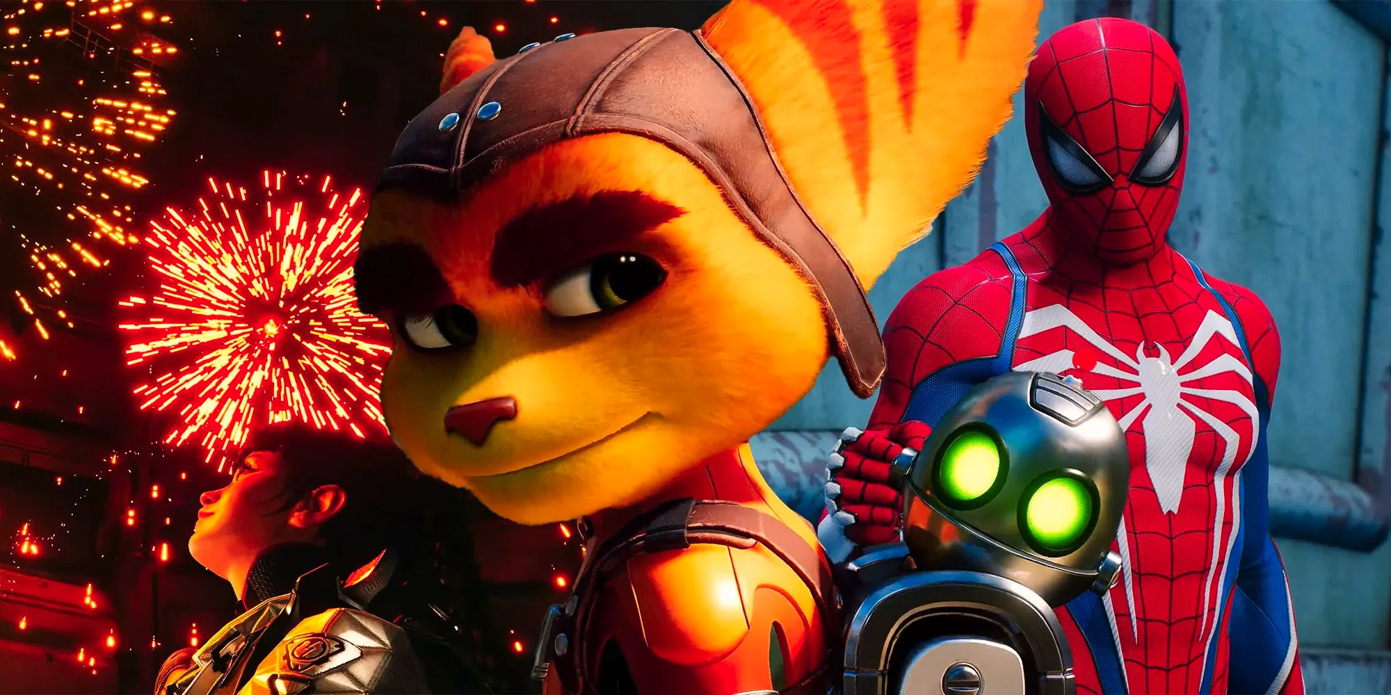 A collage of images from PS5 Pro Enhanced games: Spider-Man, Ratchet & Clank, and a character from The First Descendant. Image