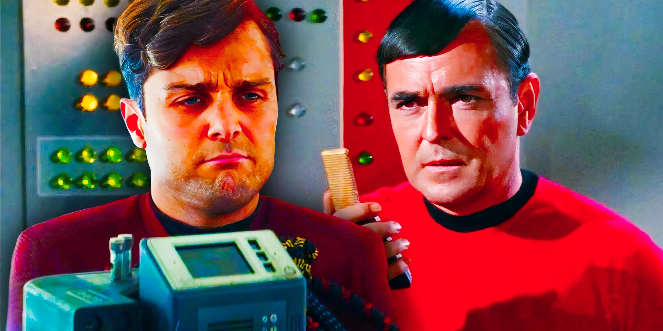 A collage of images of James Doohan and Martin Quinn both playing Scotty in Star Trek: The Original Series and Strange New Worlds respectively. Image