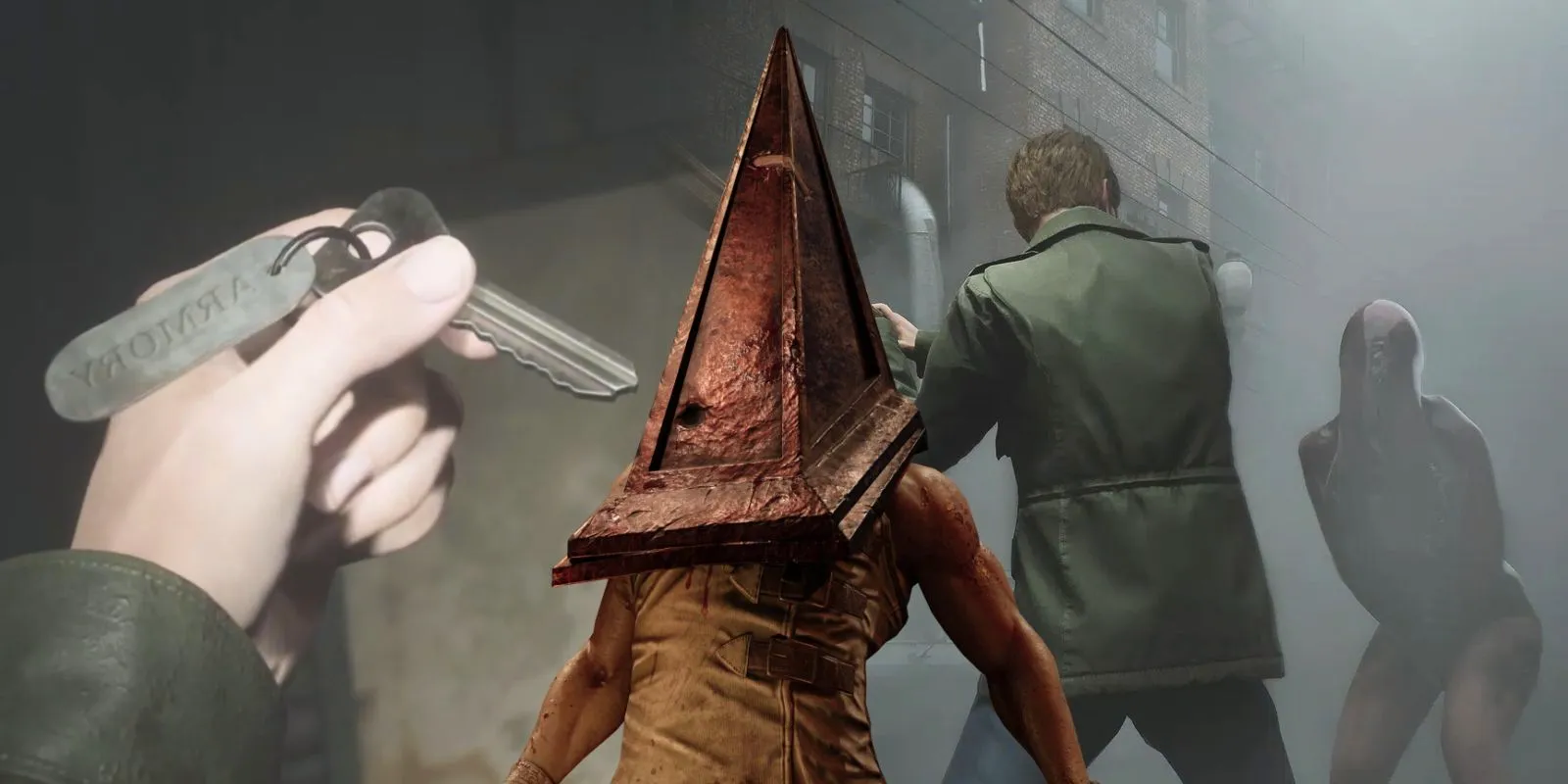 A collage of James fighting a Lying Figure and holding a key, all presided over by Pyramid Head in screenshots from the Silent Hill 2 remake.-1 Image