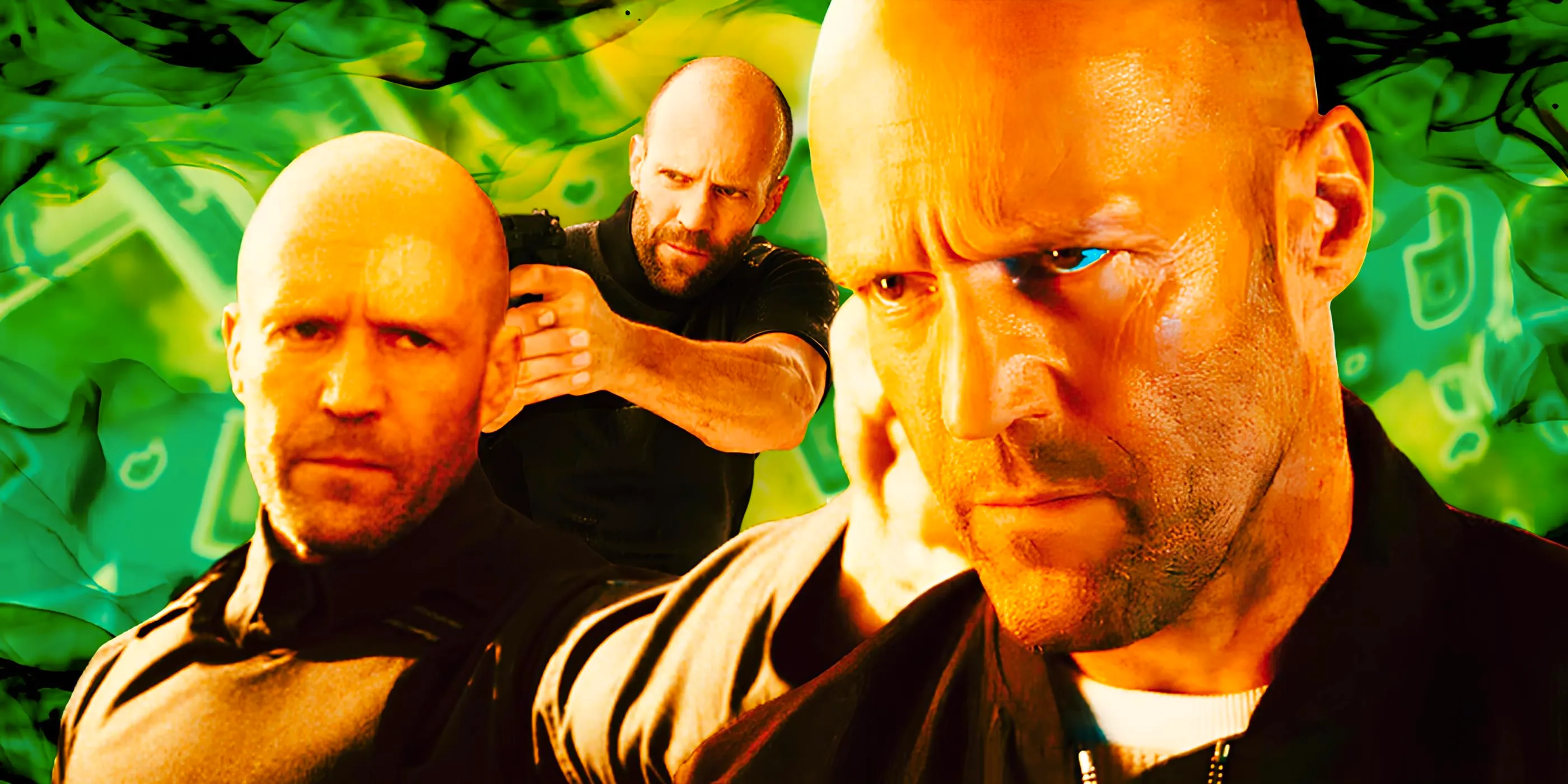 A collage of Jason Statham action movies, including Mechanic: Resurrection, Wrath of Man and Fast & Furious Image