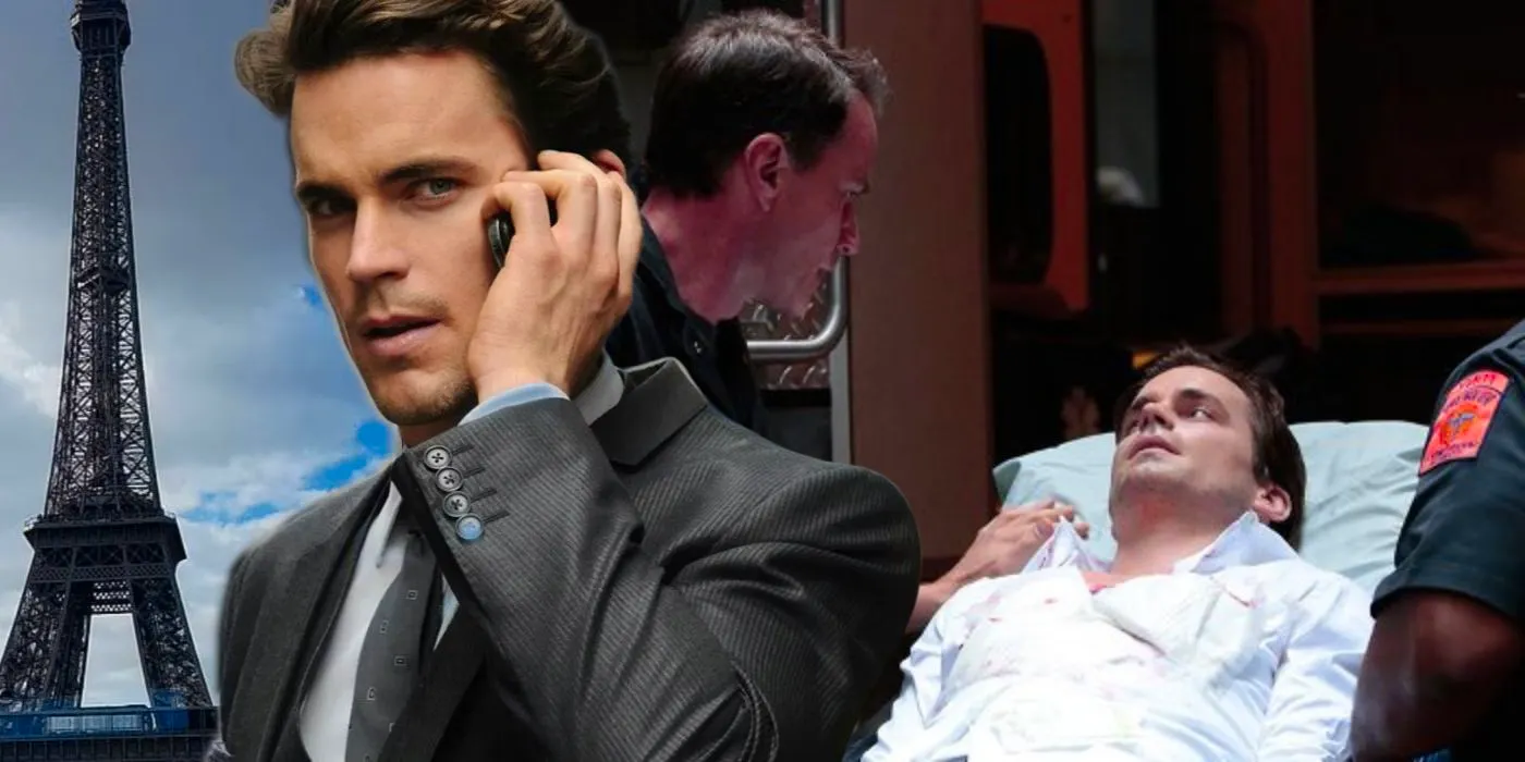 A collage of Neal on his death bed and him on the phone in White Collar Image