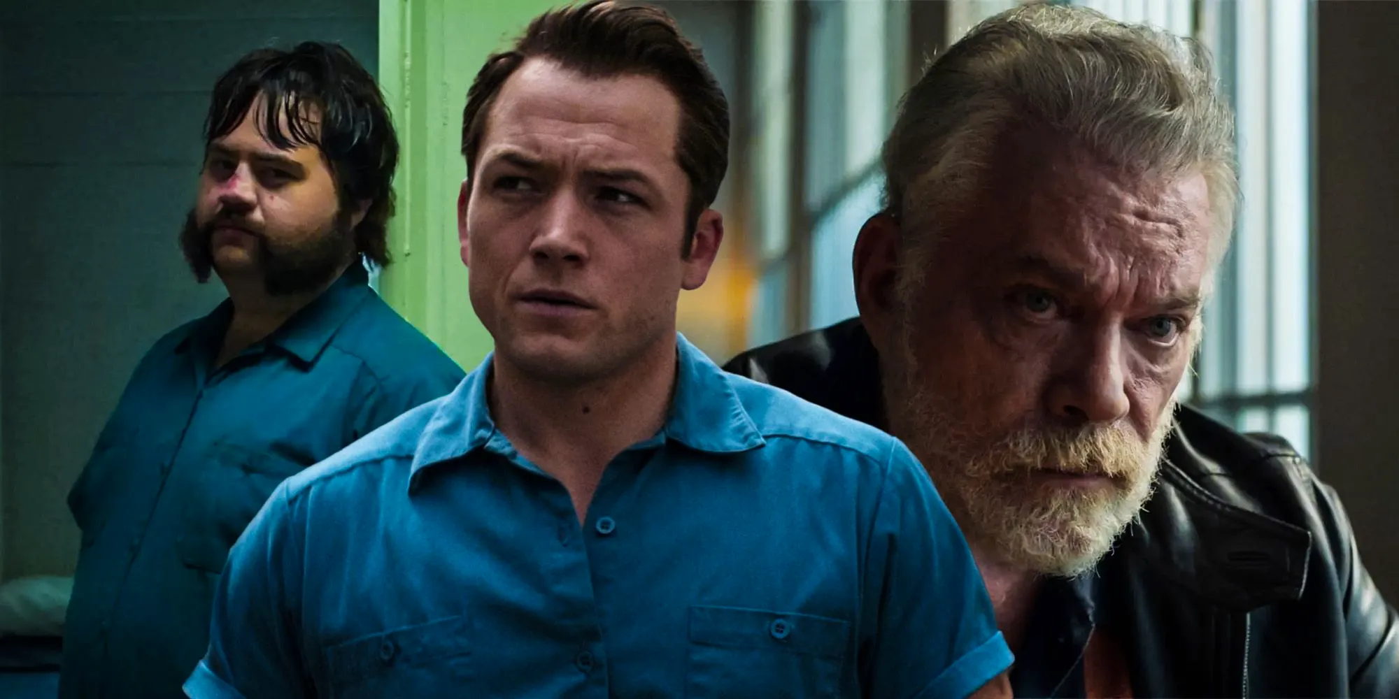 A collage of Ray Liotta, Taron Egerton, and Paul Walter Hauser in Black Bird Image