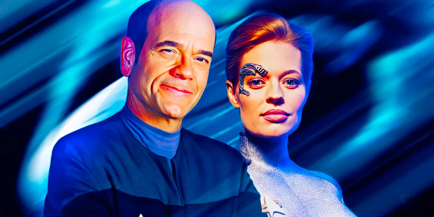 A collage of Seven of Nine and the Doctor from Star Trek: Voyager, both smiling at the camera on a blue and black background. Image