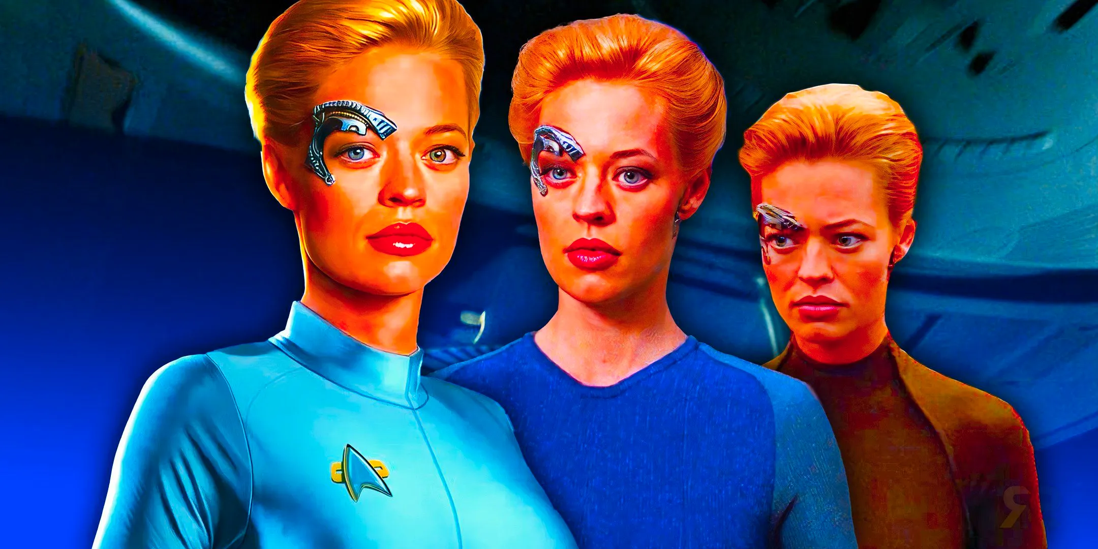 A collage of Seven of Nine from Star Trek: Voyager in three different uniforms, one brown, one blue, and one silver, with the USS Voyager in the background. Image