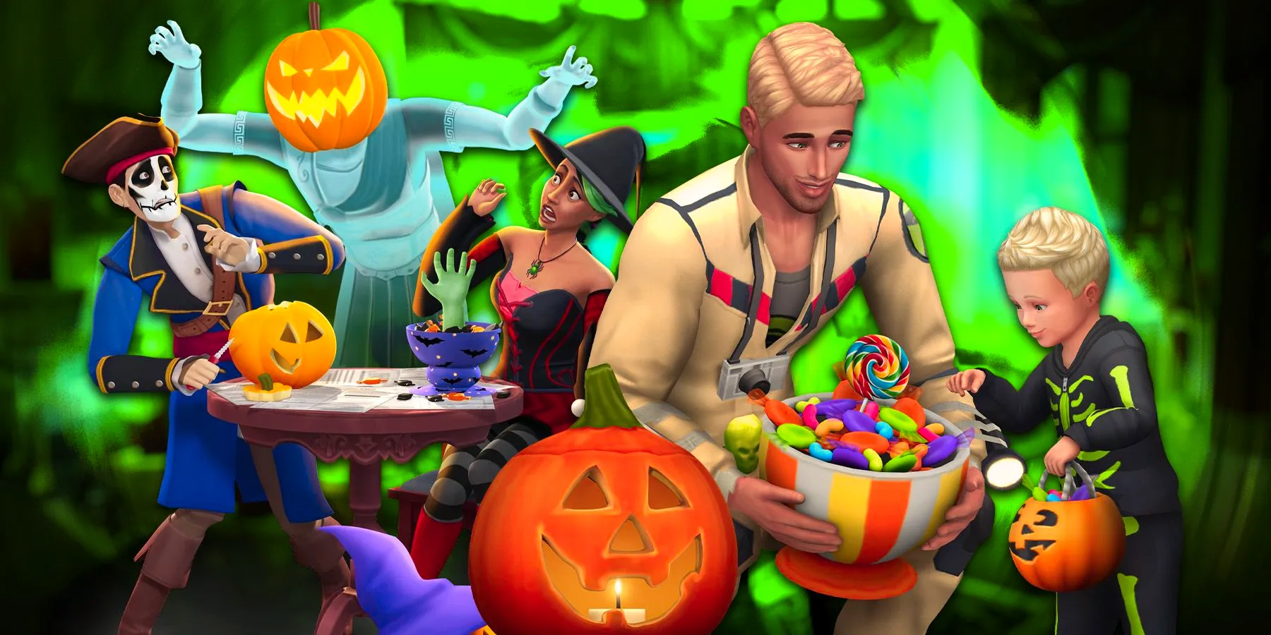 A collage of Sims 4 characters wearing Halloween-themed costumes and surrounded by Halloween decorations. Image