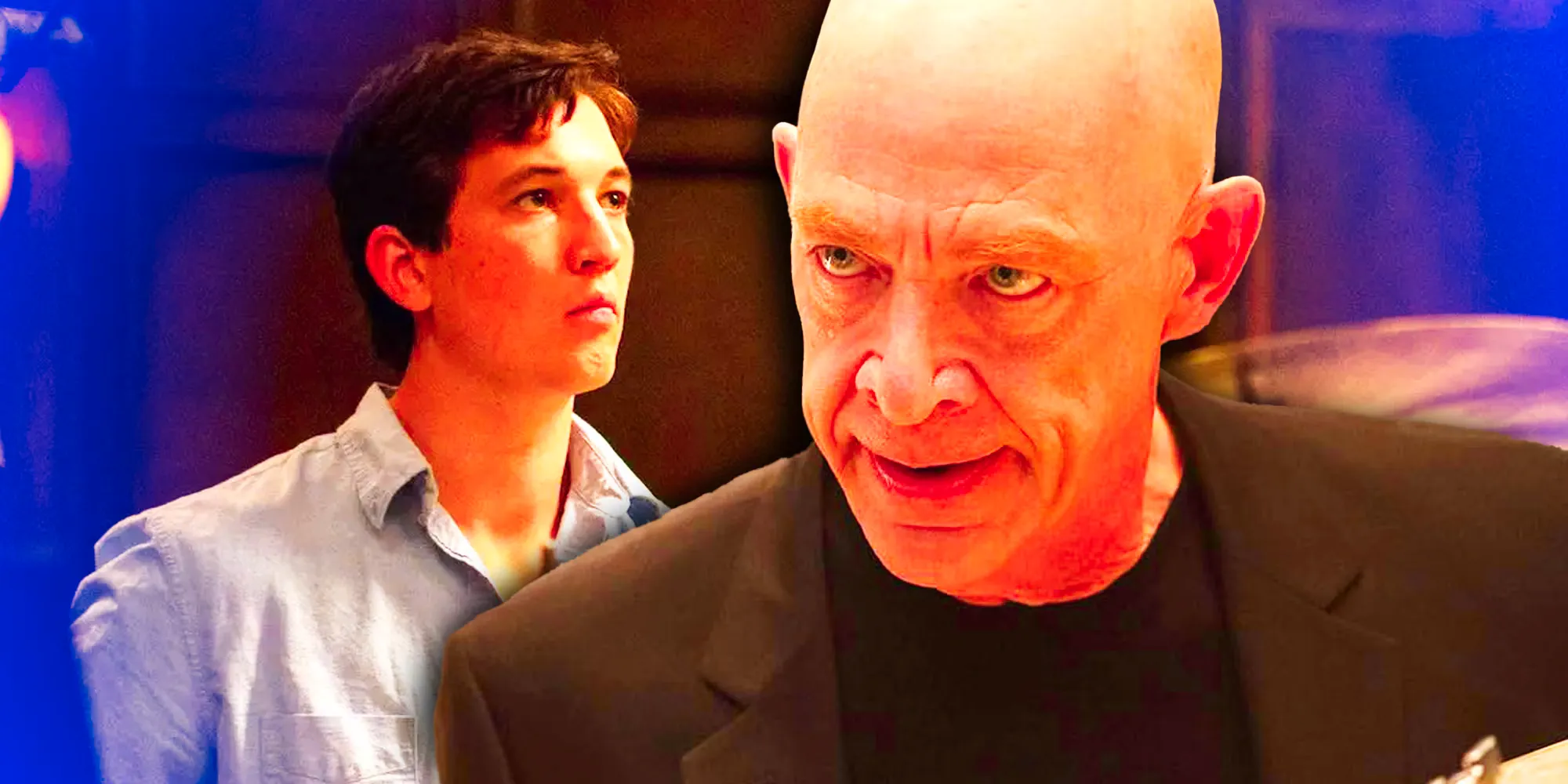 A collage of Terence Fletcher (JK Simmons) glaring and Andrew Neiman (Miles Teller) lookng worried in Whiplash Image