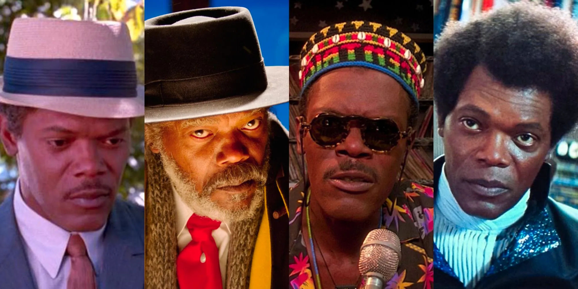 A collage of the faces of Samuel L. Jackson in Unbreakable, Do the Right Thing, The Hateful Eight and Eve’s Bayou Image