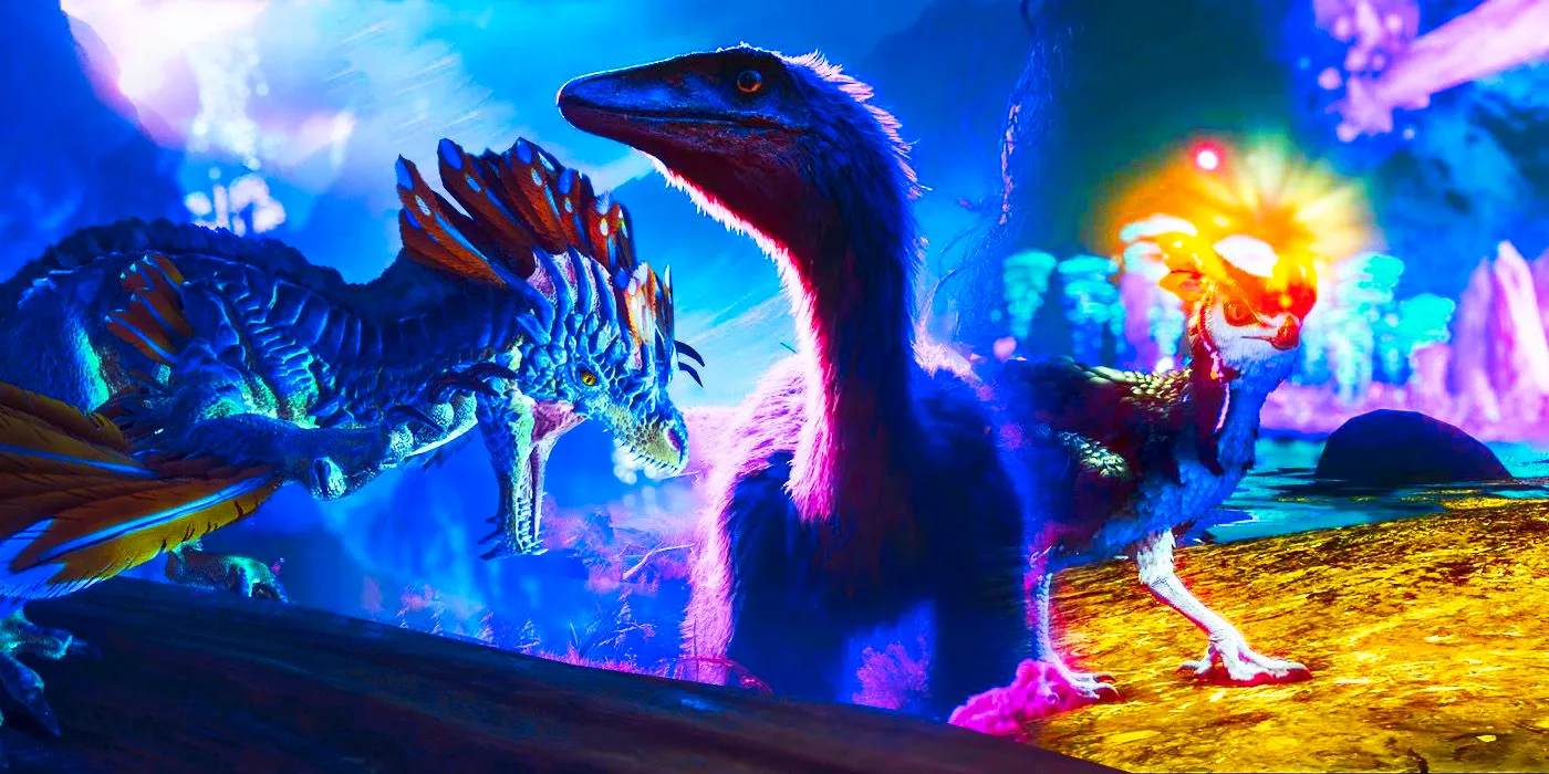 A collage of three different dinosaurs from Ark Survival Ascended Aberration expansion. Image