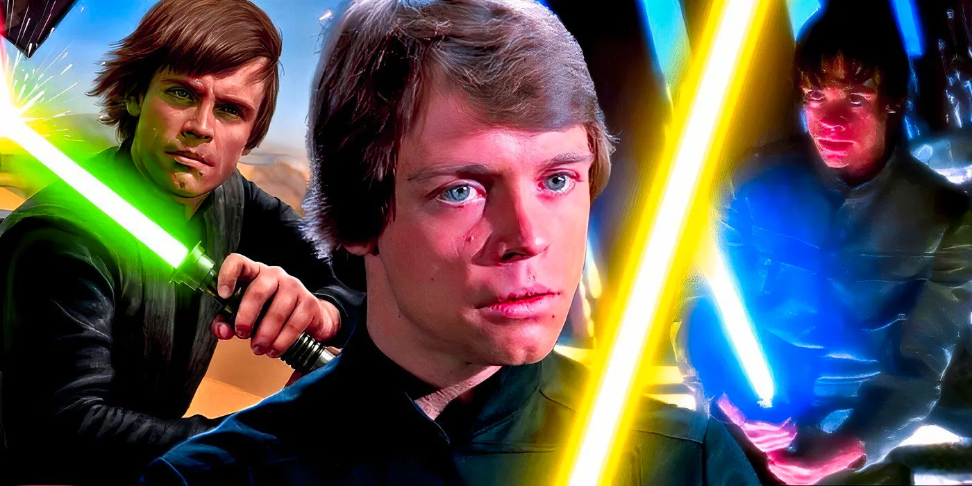 A collage of three versions of Luke Skywalker, one holding a blue lightsaber, one a yellow, and one a green. Image