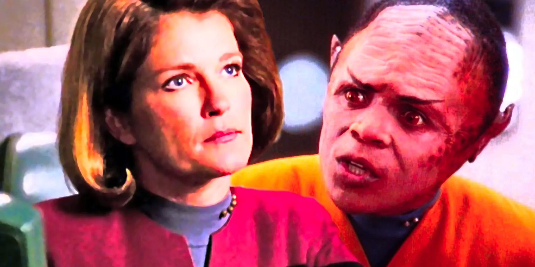 A collage of Tom Wright as Tuvix and Kate Mulgrew as Captain Janeway from Star Trek: Voyager, both looking serious or angry. Image