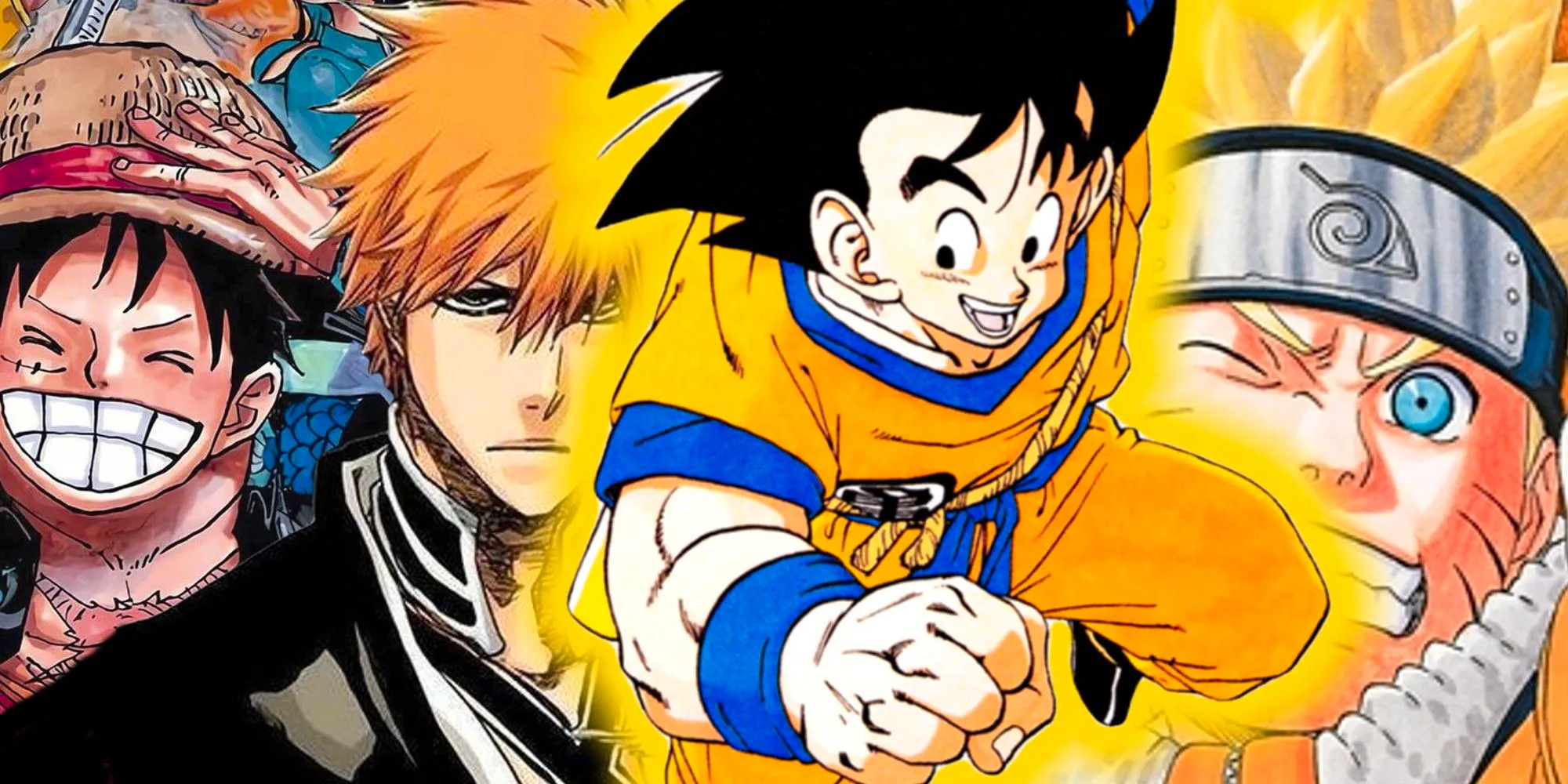 A collage-style Image featuring the official manga art of Naruto, Ichigo and Luffy with Goku in the middle Image