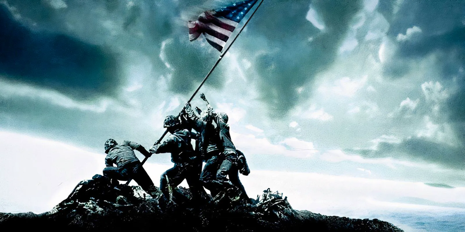 A colorized photograph of Marines raising the American flag on Mount Suribachi on Iwo Jima as featured in Flags of Our Fathers' marketing Image