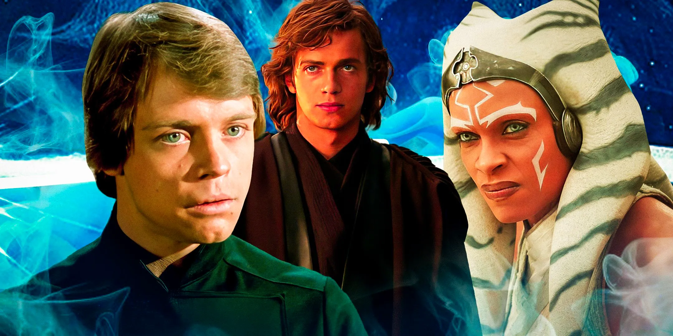 A combined image of Ahsoka Tano to the left, Anakin Skywalker in the middle, and Luke Skywalker to the right all in live action in front of a blue background Image