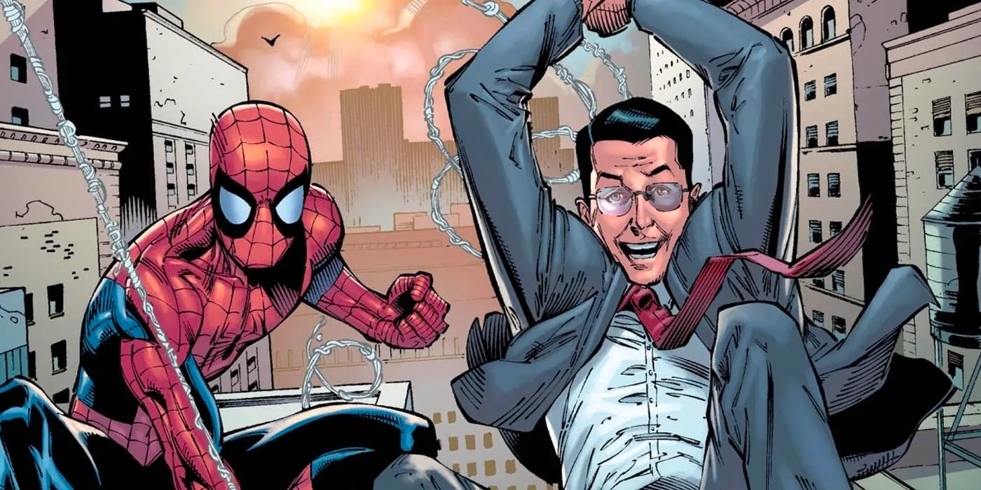 A coming panel showing Stephen Colbert swinging next to Spider-Man. Image