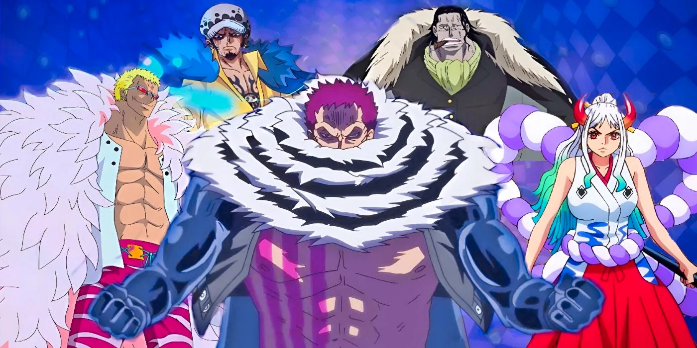 A compilation of One Piece characters with Charlotte Katakuri in the front with Yamato, Donquixote Doflamingo, Crocodile, and Trafalgar Law behind him. Image