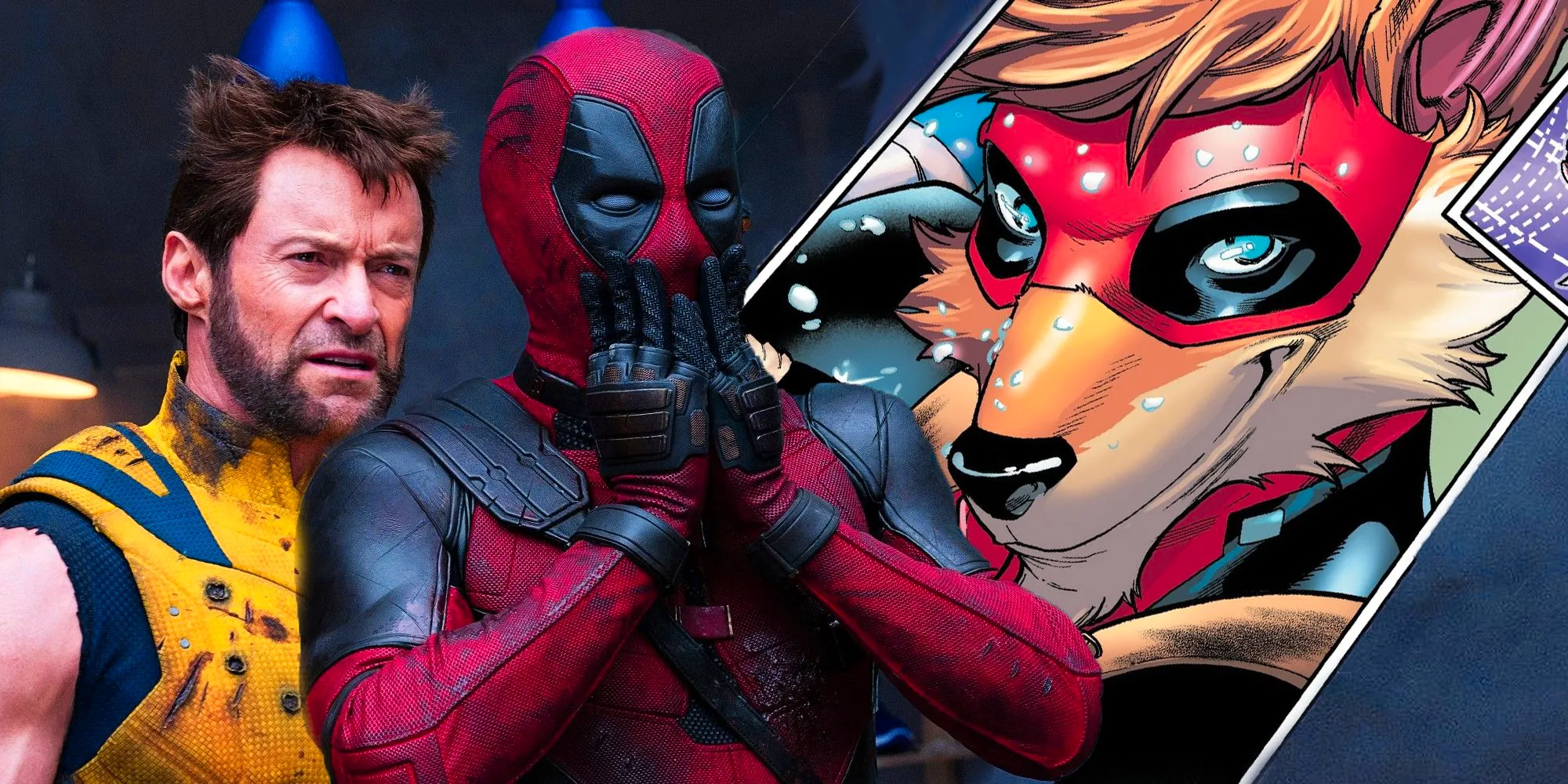 A compiled image of Deadpool and Wolverine from the live action movie, staring at a comics image of  Image