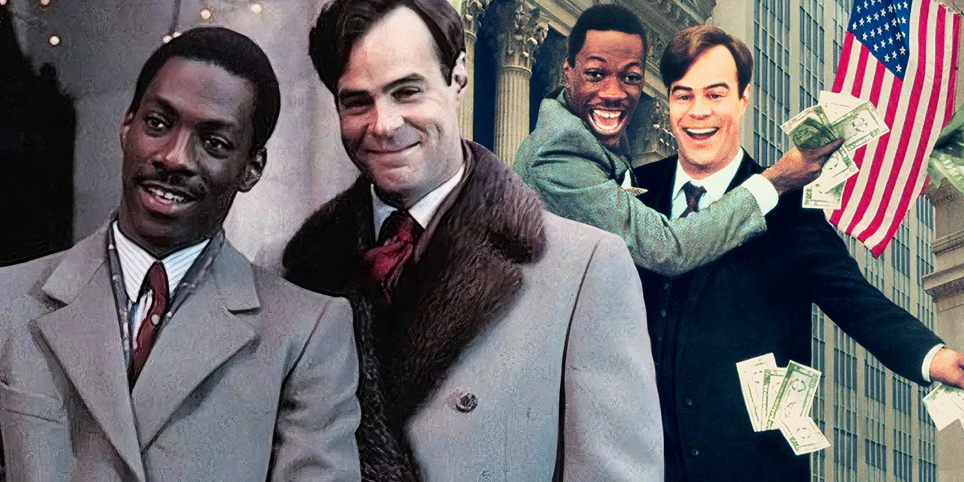 A composite image Dan Aykroyd and Eddie Murphy standing together in fancy coats in front of Aykroyd and Murphy hugging with lots of cash from Trading Places Image