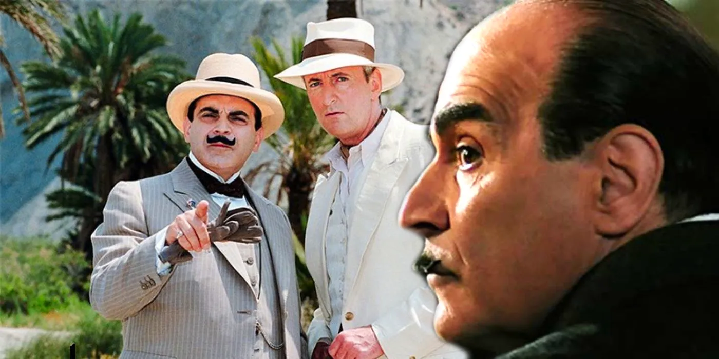 A composite image features a profile of Poirot over an image of Poirot and his friend looking at something off screen from the 1989 series Poirot Image