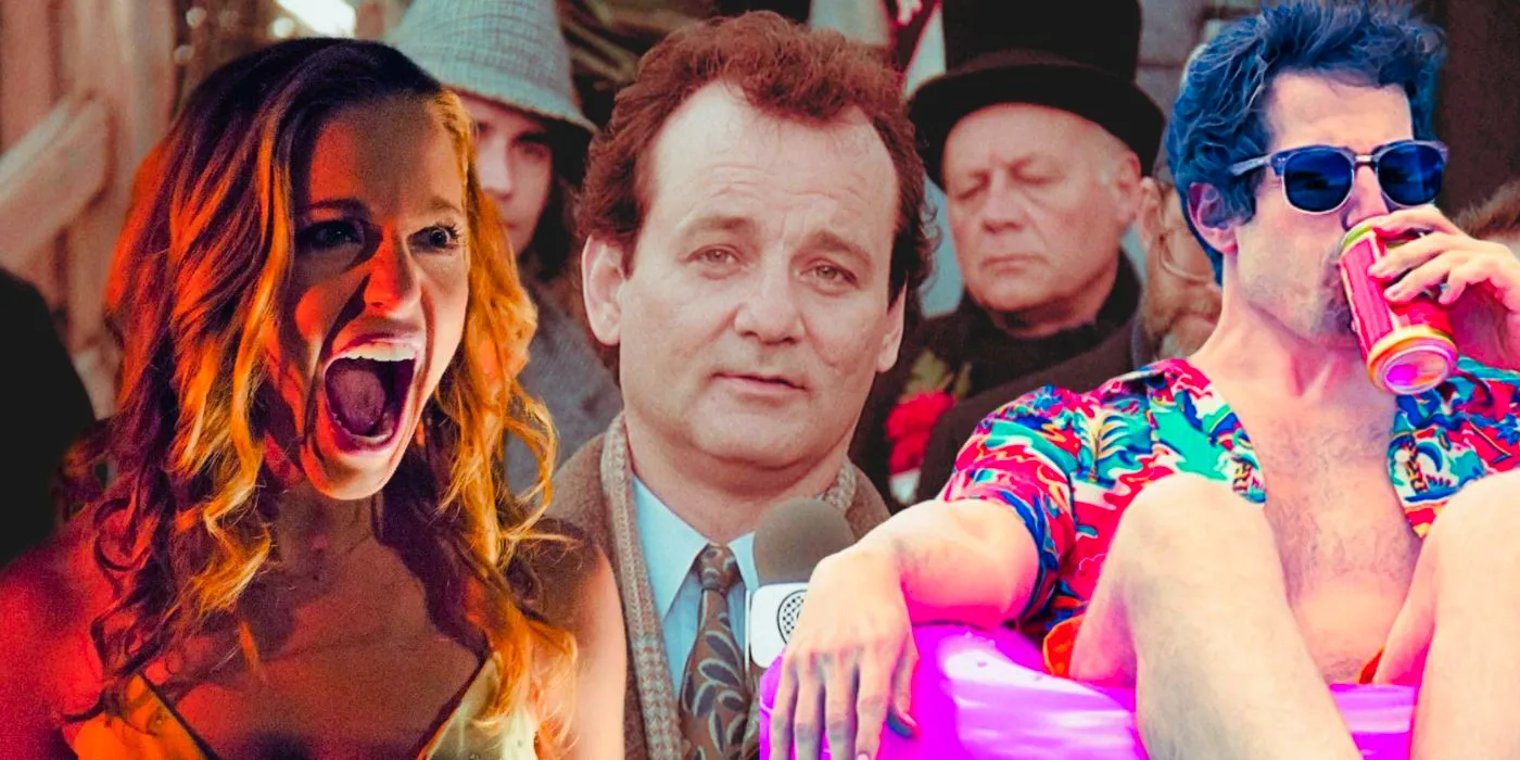 A composite image features characters from time loop movies Palm Springs, Groundhog Day, and Happy Death Day Image