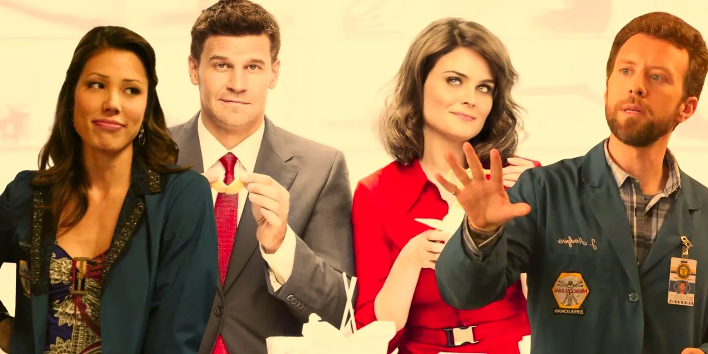 A composite image features Hodgins, Brennan, Booth, and Angela in the television series Bones Image