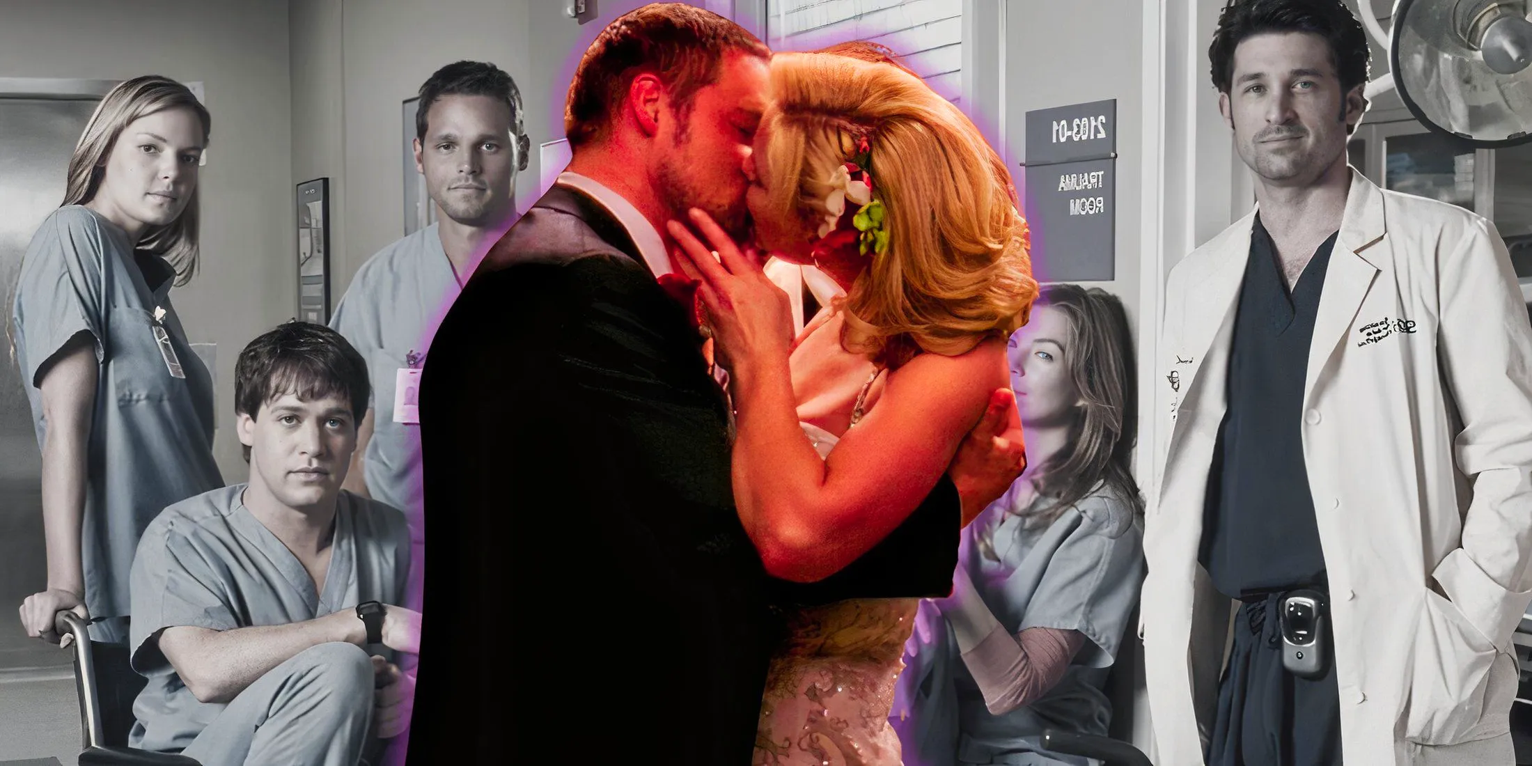 A composite image features Izzie Alex kissing on their wedding day over a background of the original cast of Greys Anatomy Image