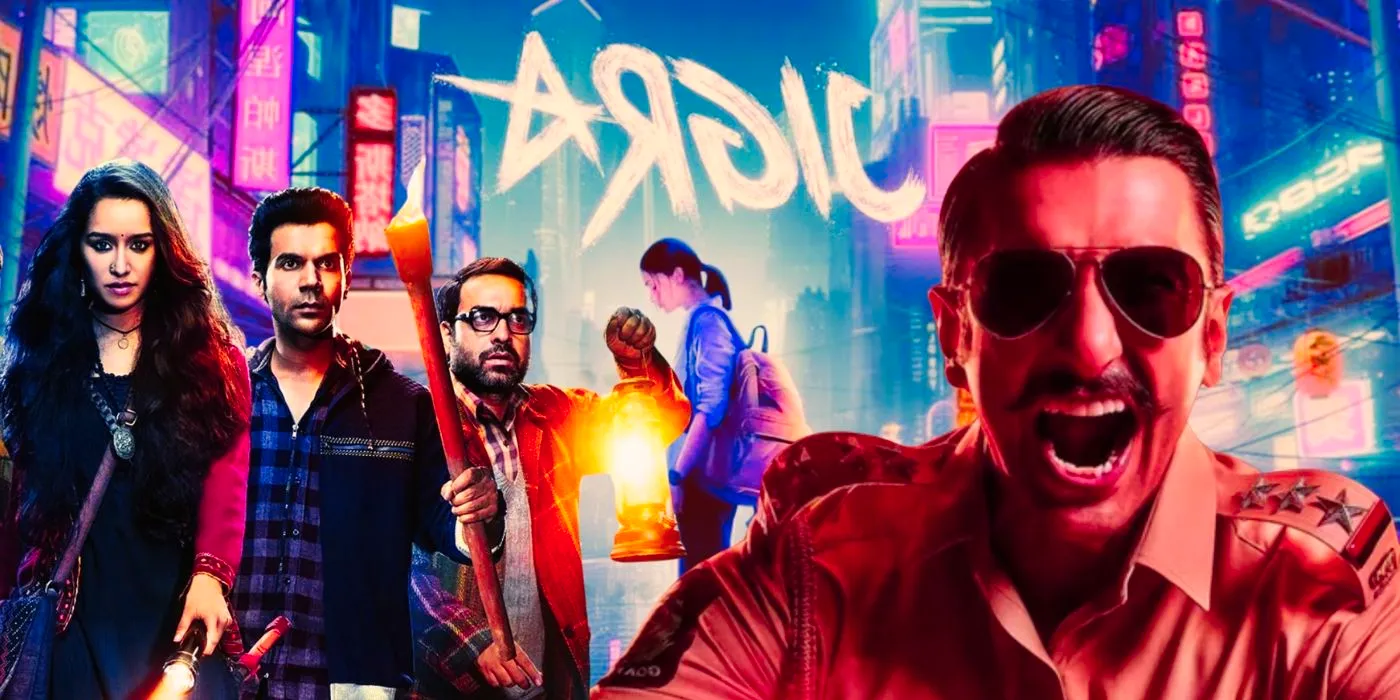 A composite image features the cropped poster for Bollywood movie Jigra with characters from Singham Again and Stree overlaid Image