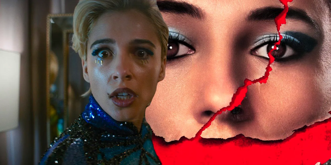 A composite image featuring Naomi Scott looking shocked in front of a promo image from Smile 2 showing Scott's face with a red slash across her mouth Image