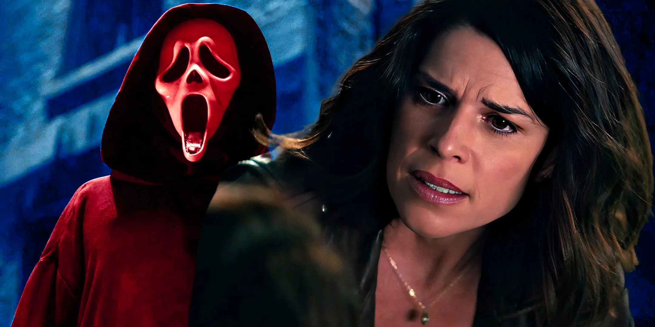 A composite image Neve Campbell as Sidney looking worried at Ghostface in Scream Image