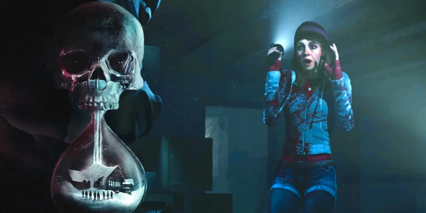 A composite image of a woman looking scared while holding a flashlight as she looks at the hourglass logo for the video game Until Dawn Image