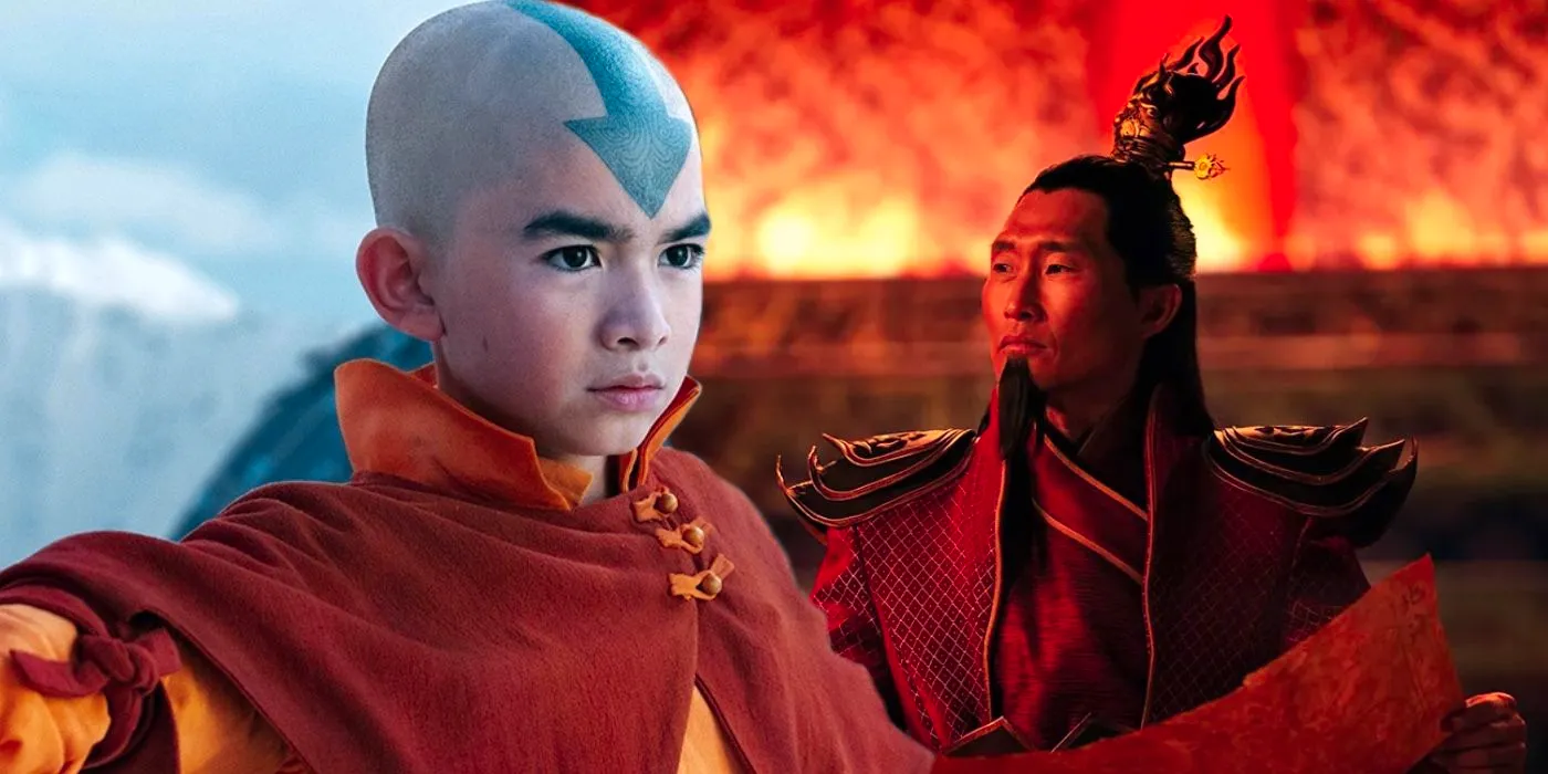 A composite image of Aang looking determined and Ozai standing in front of flames from Avatar The Last Airbender Image