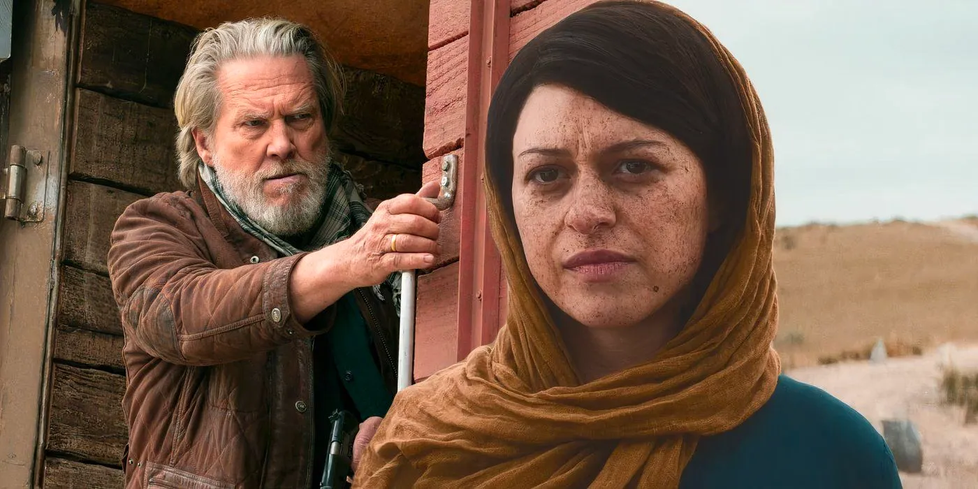 A composite image of Alia Shawkat looking on in the desert with a headscarf on in front of Jeff Bridges hanging out of a train car in The Old Man Image