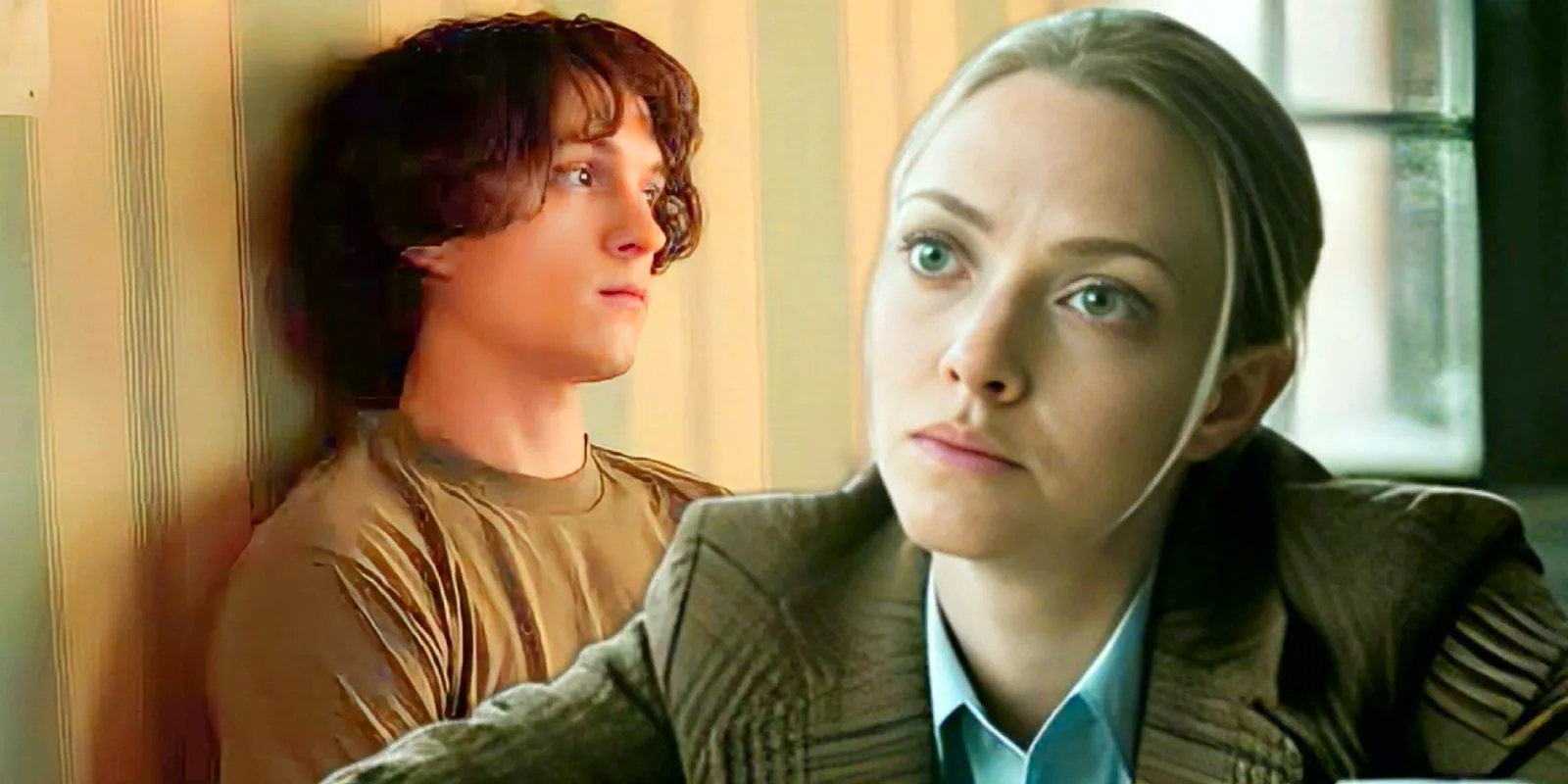 A composite image of Amanda Seyfried looking on in concern in front of Tom Holland leaning against a wall in The Crowded Room Image