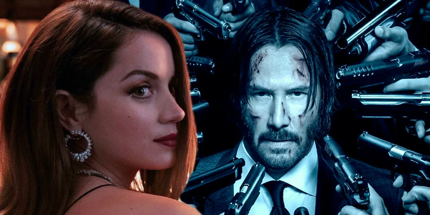 A composite image of Ana De Armas looking over her shoulder with guns being pointed at Keanu Reeves from John Wick Image