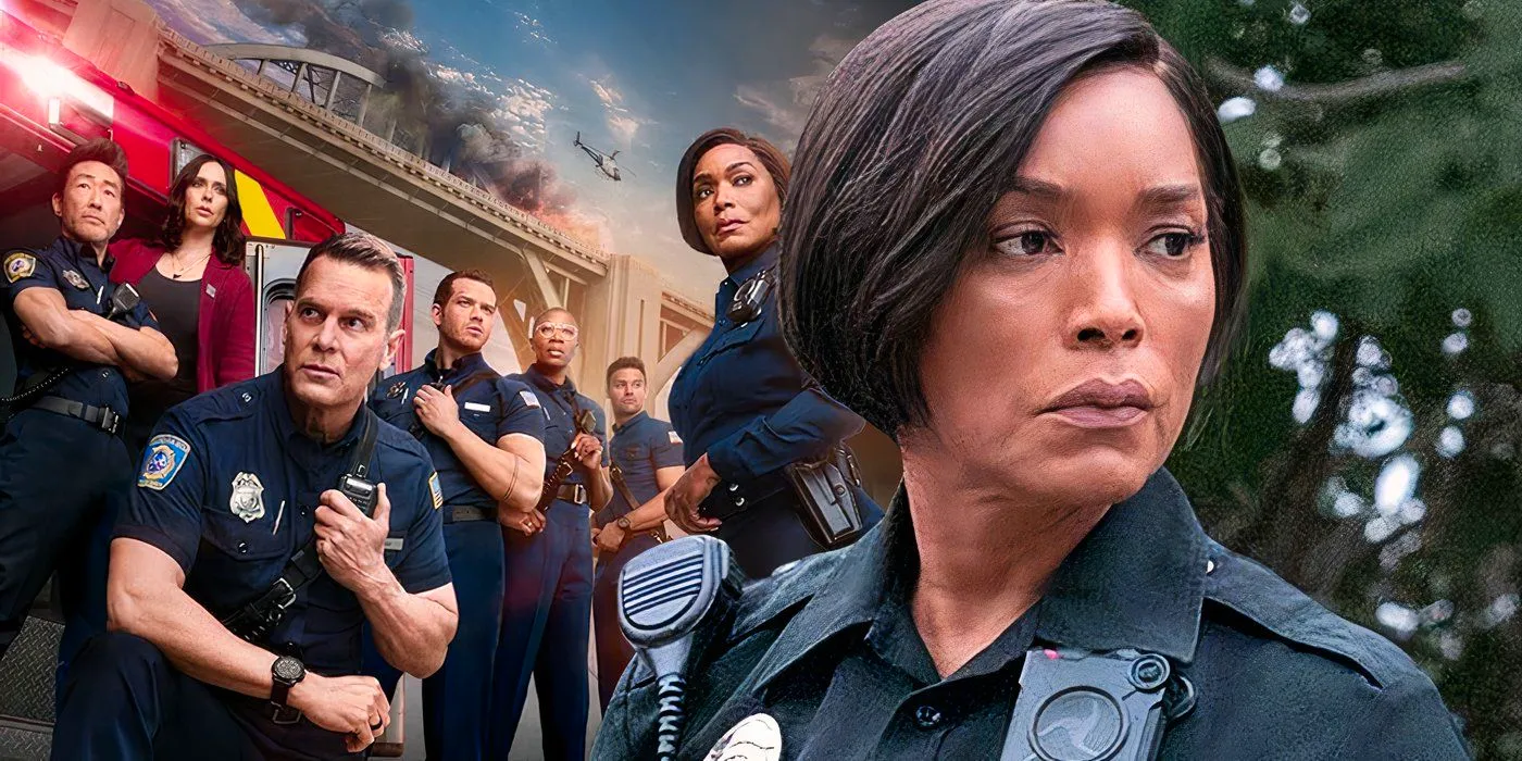 A composite image of Angela Bassett looking over her shoulder in front of the cast of 9-1-1 posing near a firetruck  Image