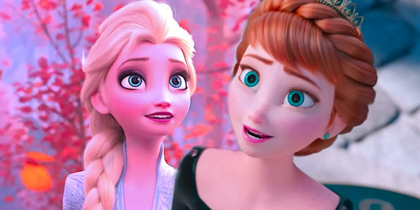 A composite image of Anna and Elsa smiling and looking up at the sky in Frozen 2 Image