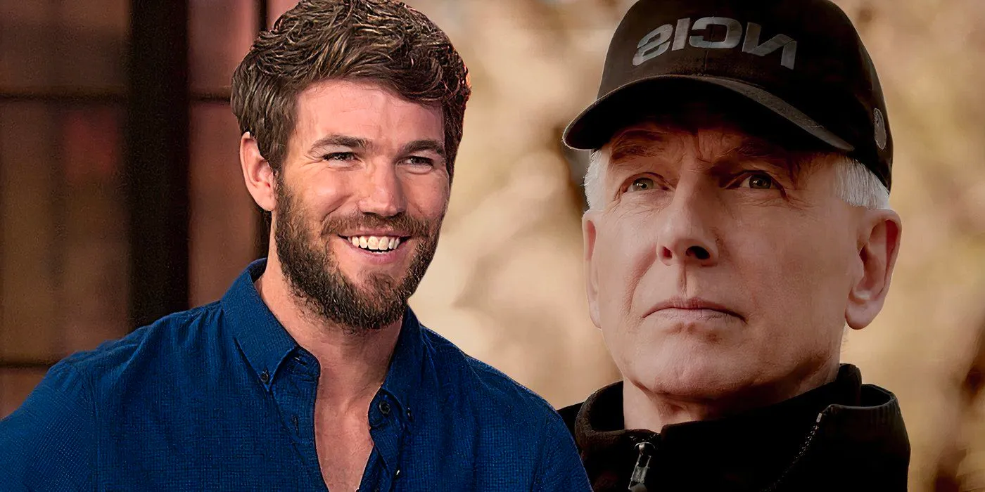 A composite image of Austin Stowell smiling in an interview with Gibbs looking on stoically in NCIS Image