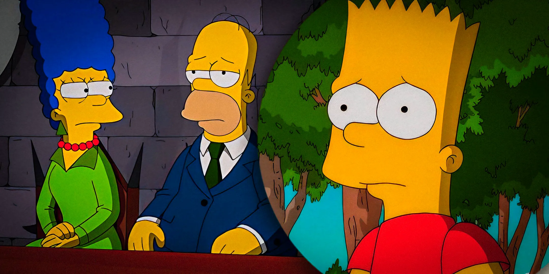 A composite image of Bart looking worried in front of Marge giving Homer a dirty look in The Simpsons  Image