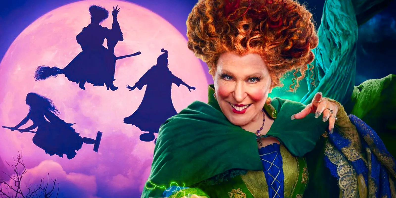 A composite image of Bette Middler as Winnifred Sanderson striking a pose in front of a poster featuring the Sanderson's flying on their brooms and vacuums across a pink moon in Hocus Pocus 2 Image