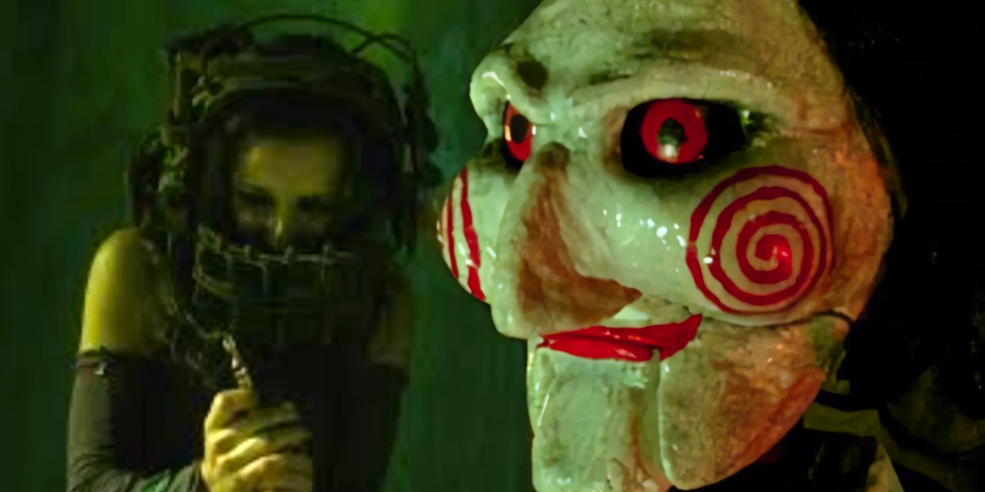 A composite image of Billy the Doll in closeup and and Amanda Young struggling with the bear trap in Saw 2004 Image