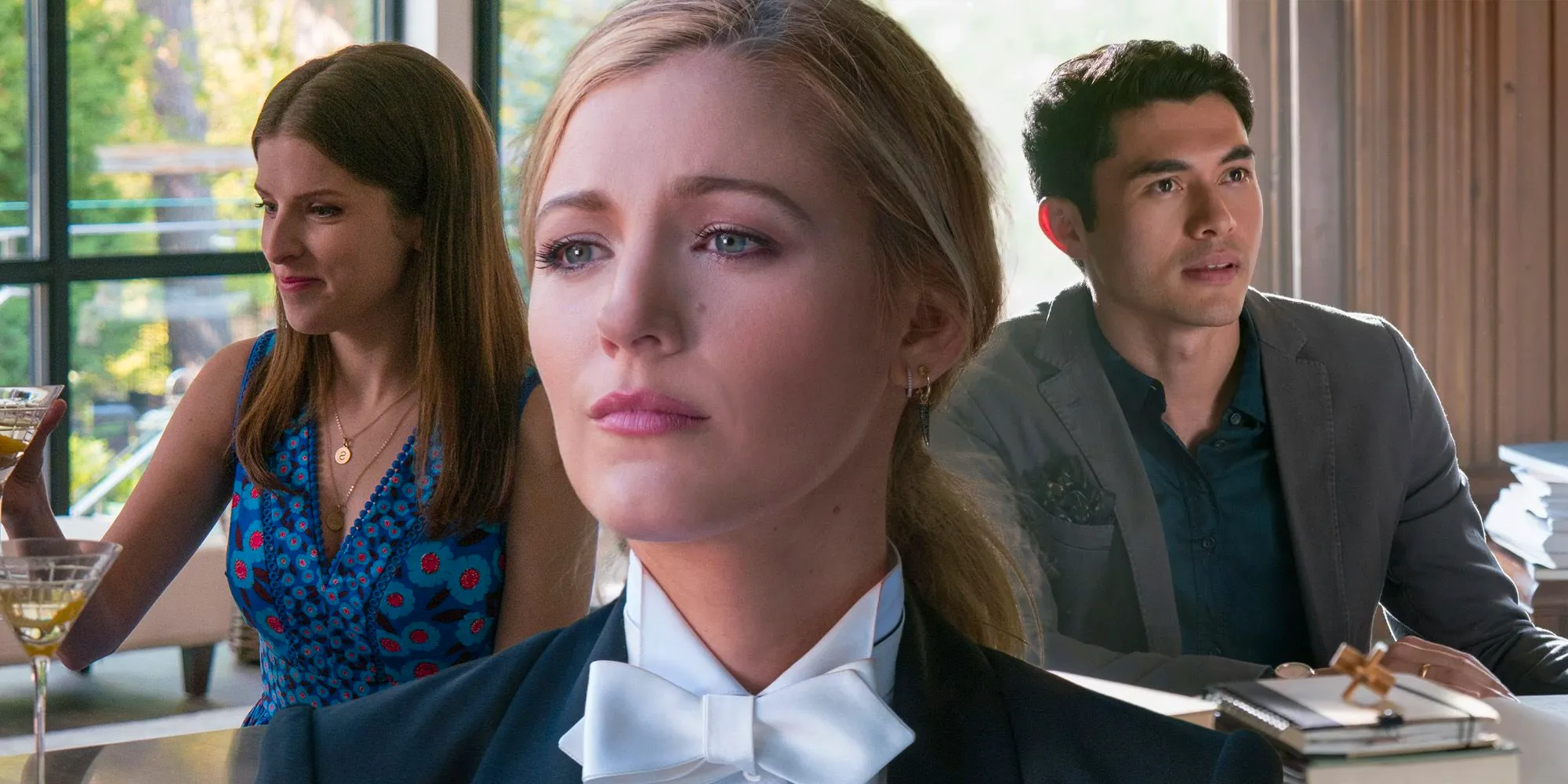 A composite image of Blake Lively wearing a suit and looking on in front of Henry Golding behind his desk and Anna Kendrick toasting a martini in A Simple Favor Image