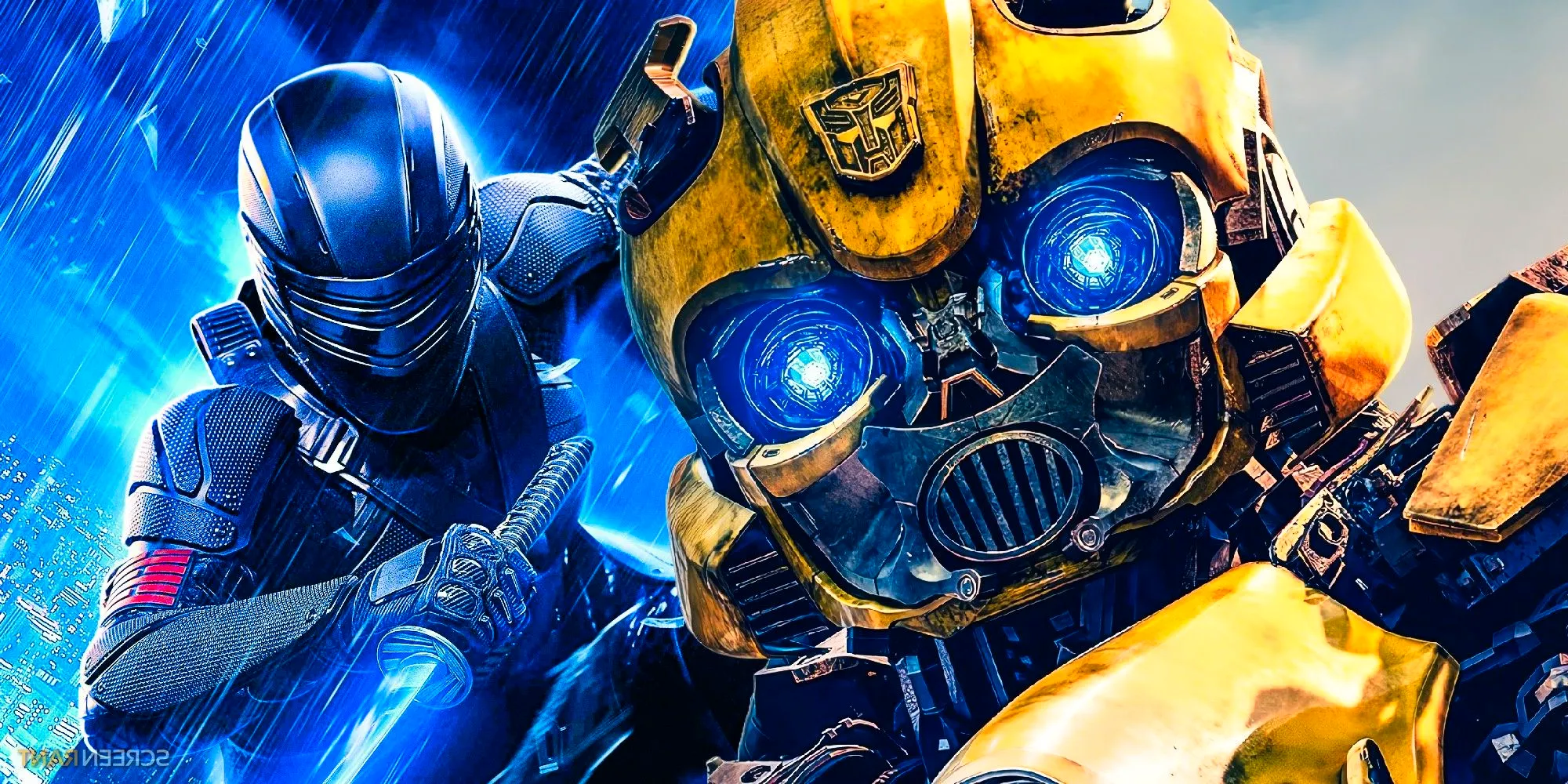 A composite image of Bumblebee looking on in Transformers Rise of the Beasts with Snake eyes holding a sword in G.I. Joe Image