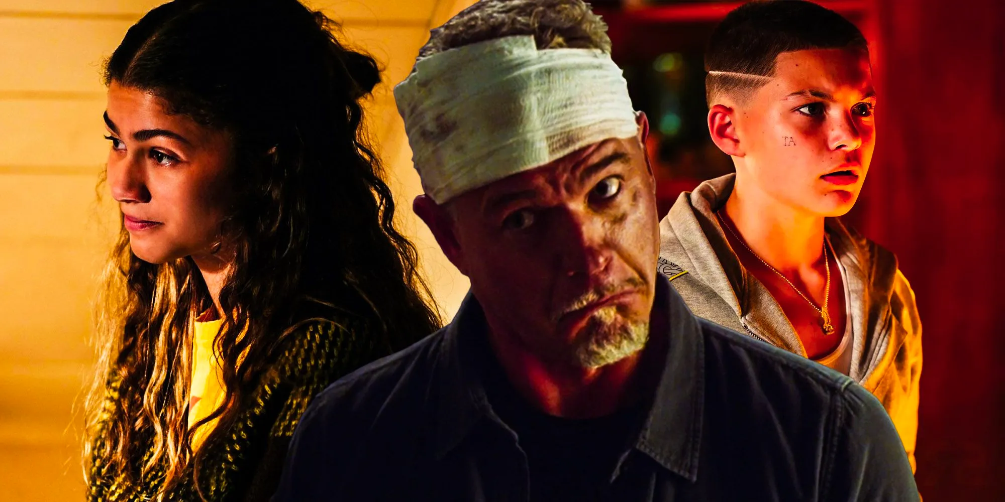 A composite image of Cal with a bandage on his head looking sadly with Ashtray looking scared and Rue looking on expectantly in Euphoria Image