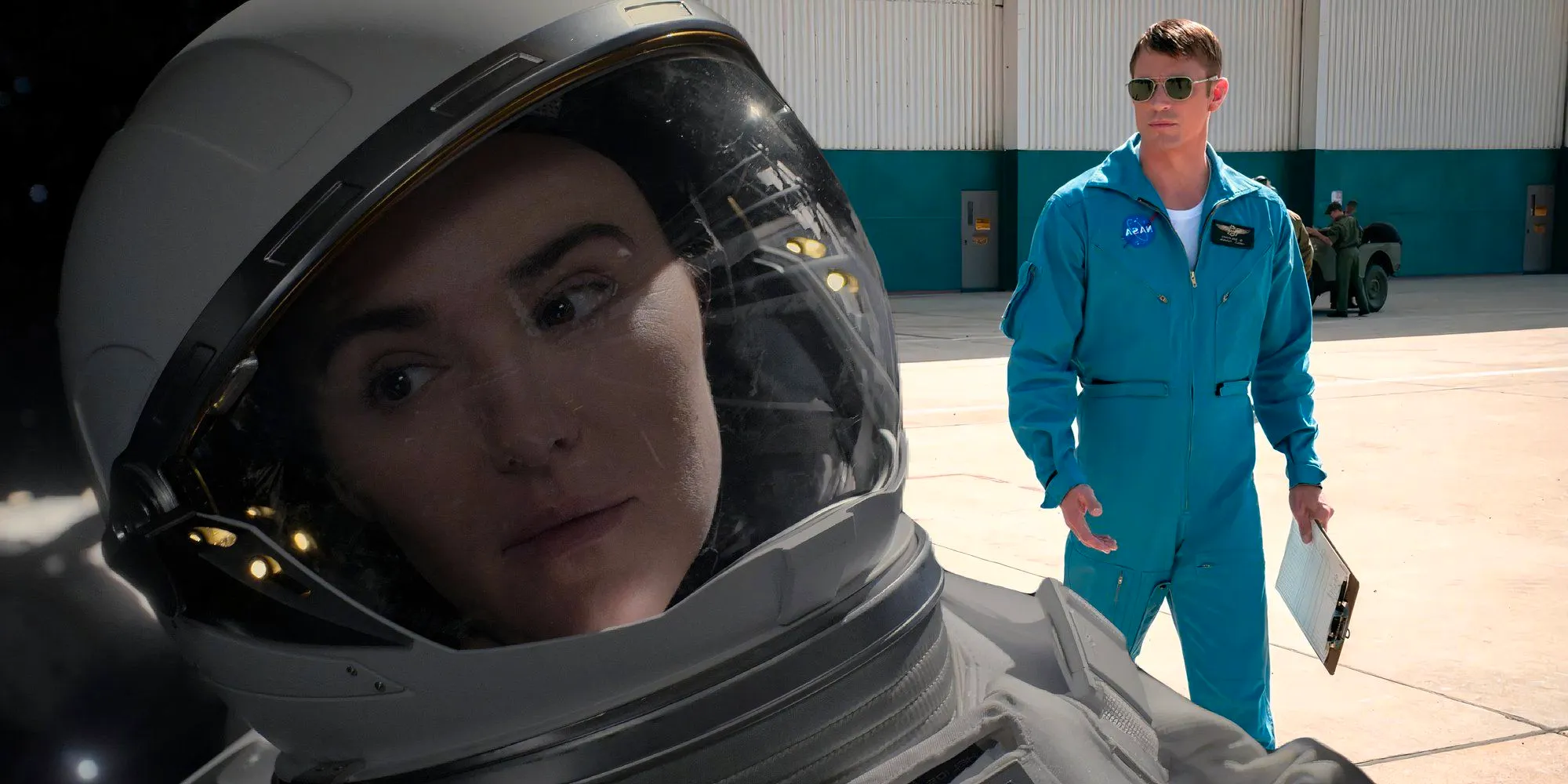 A composite image of Chantel looking to her right while wearing a spacesuit with Mason walking on the tarmac in a blue jumpsuit in For All Mankind Image