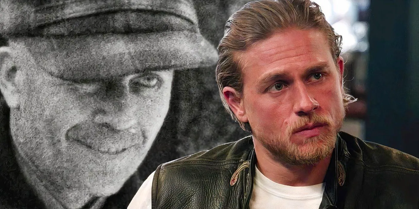 A composite image of Charlie Hunnam looking serious in Sons of Anarchy in front of a photo of Ed Gein smirking Image