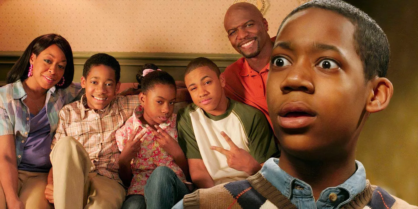 A composite image of Chris looking shocked with Chris and his family posing on a couch in Everybody Hates Chris Image