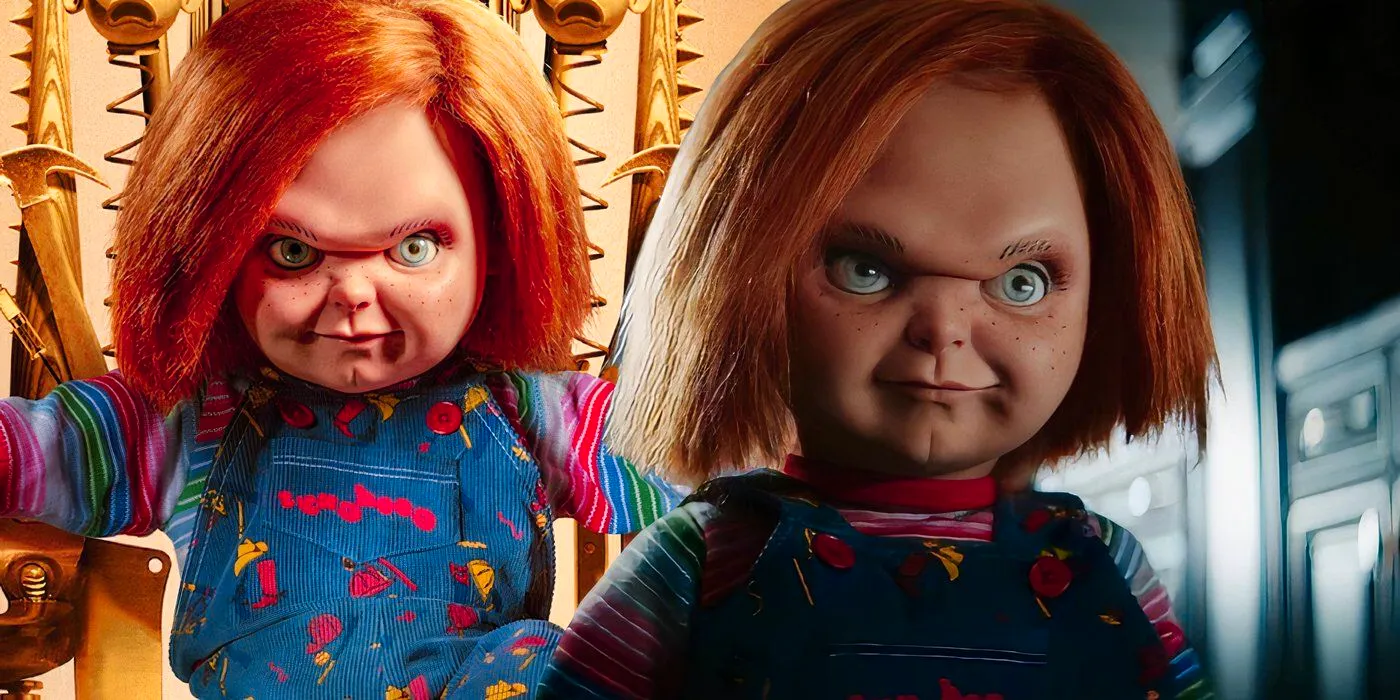 A composite image of Chucky looking on deviously in front of Chucky sitting on a golden throne in the Chucky TV series Image