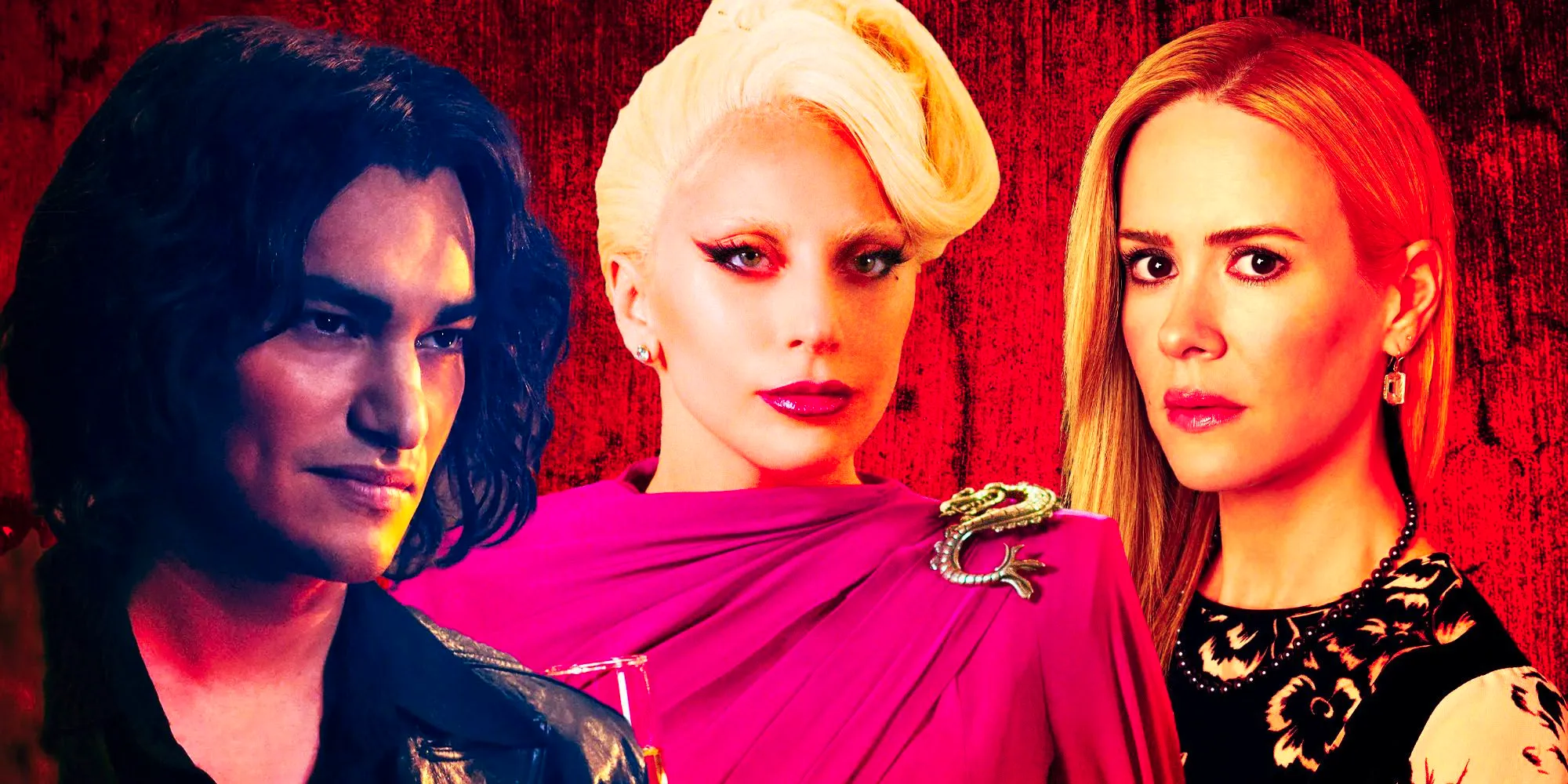 A composite image of Cordelia, The Countess, and Richard Ramirez against a red background from American Horror Story Image