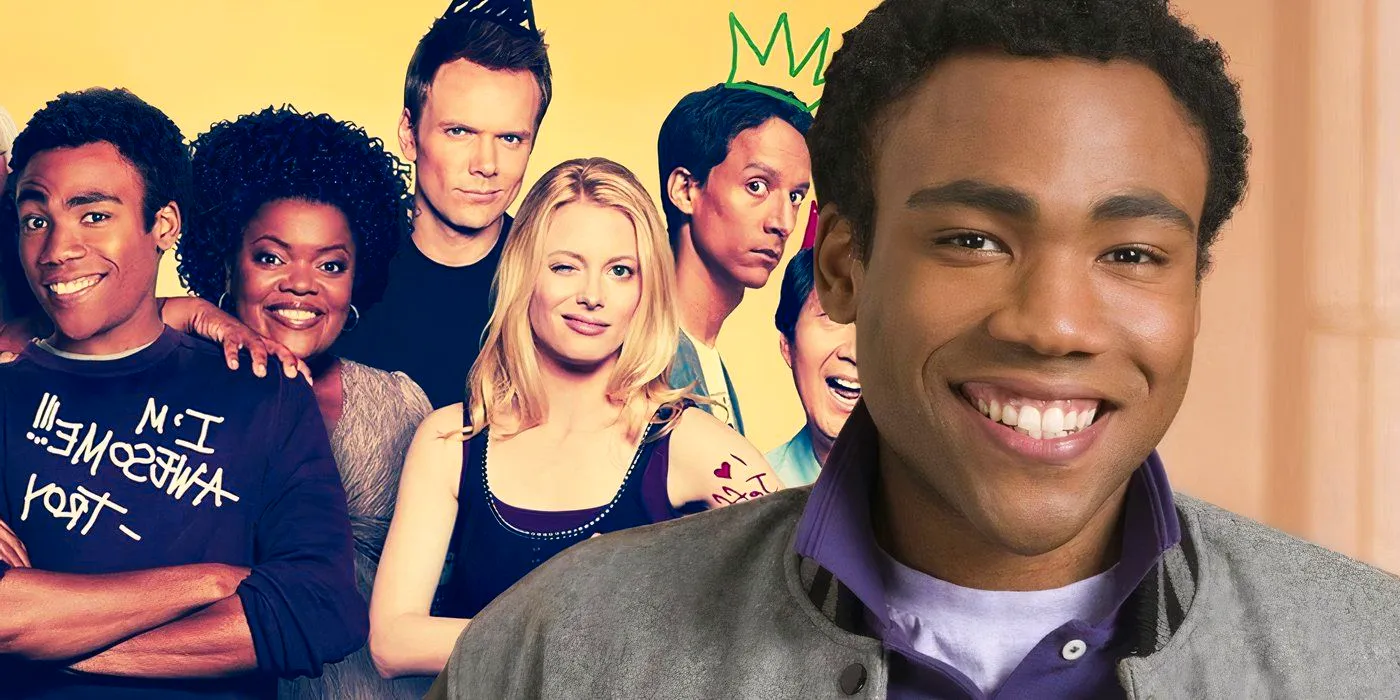 A composite image of Donald Glover as Troy Barnes smiling toward the camera and an image of the cast of Community posing together Image