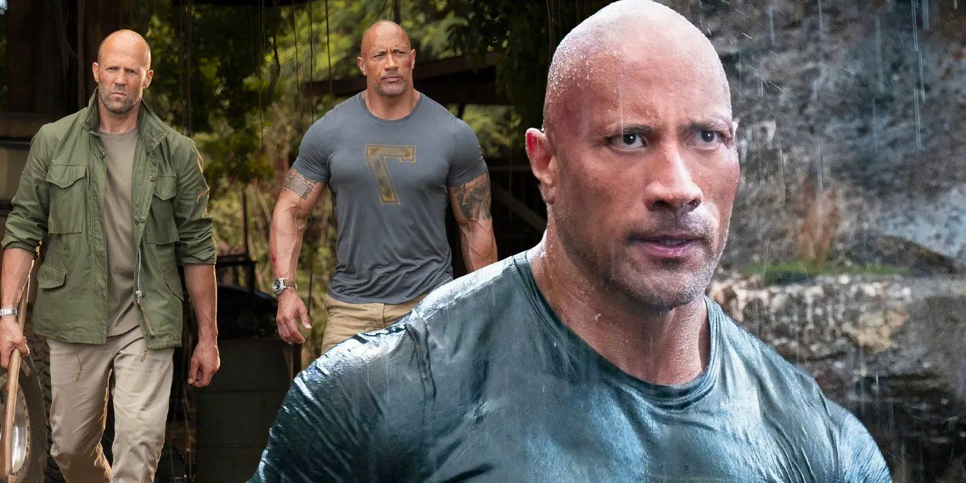 A composite image of Dwayne Johnson standing in the rain in front of Johnson walking with Jason Statham as they hold hatchets in Hobbs and Shaw Image